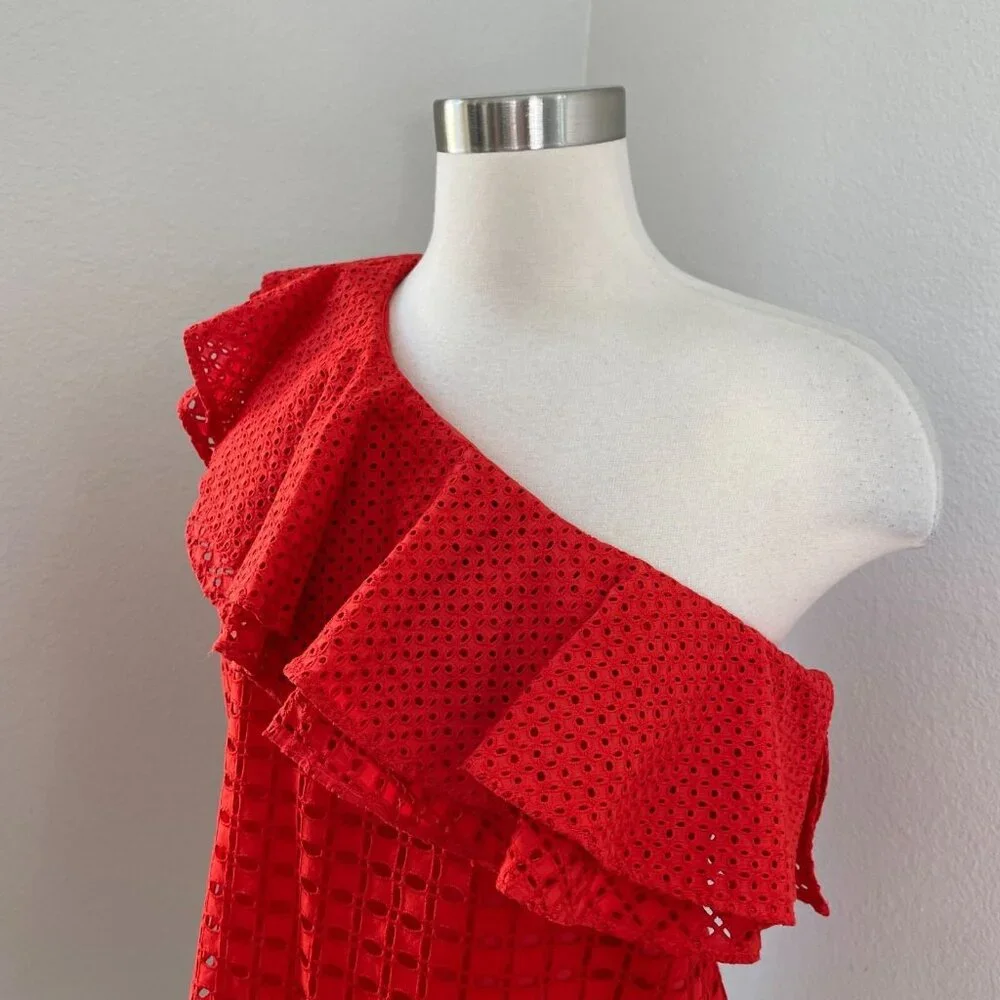 NEW J Crew‎ Womens 12 Red Eyelet One Shoulder Ruffle Top Shirt